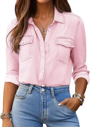 Denim Shirt Women Chambray Jean Western Shirts Long Sleeve Button Down Tops