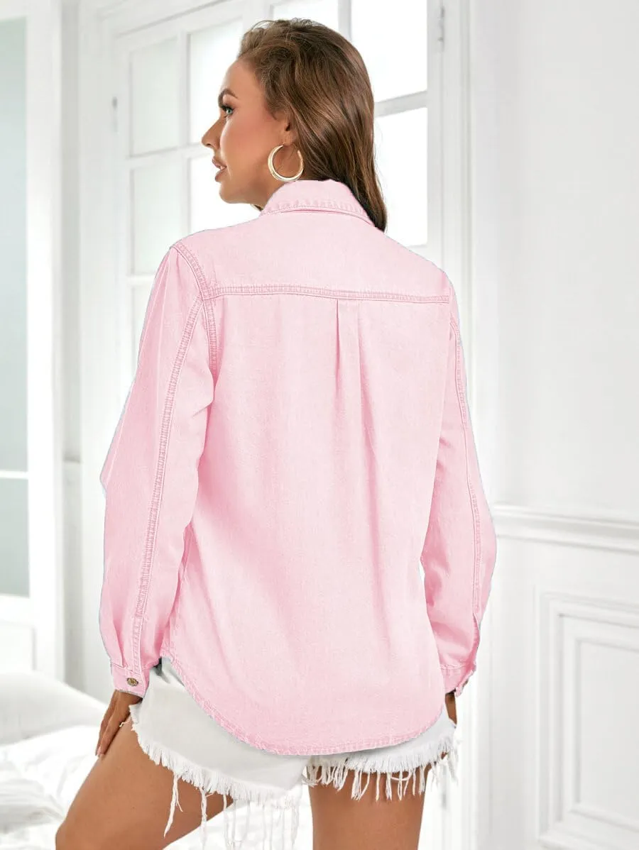 Denim Shirt Women Chambray Jean Western Shirts Long Sleeve Button Down Tops