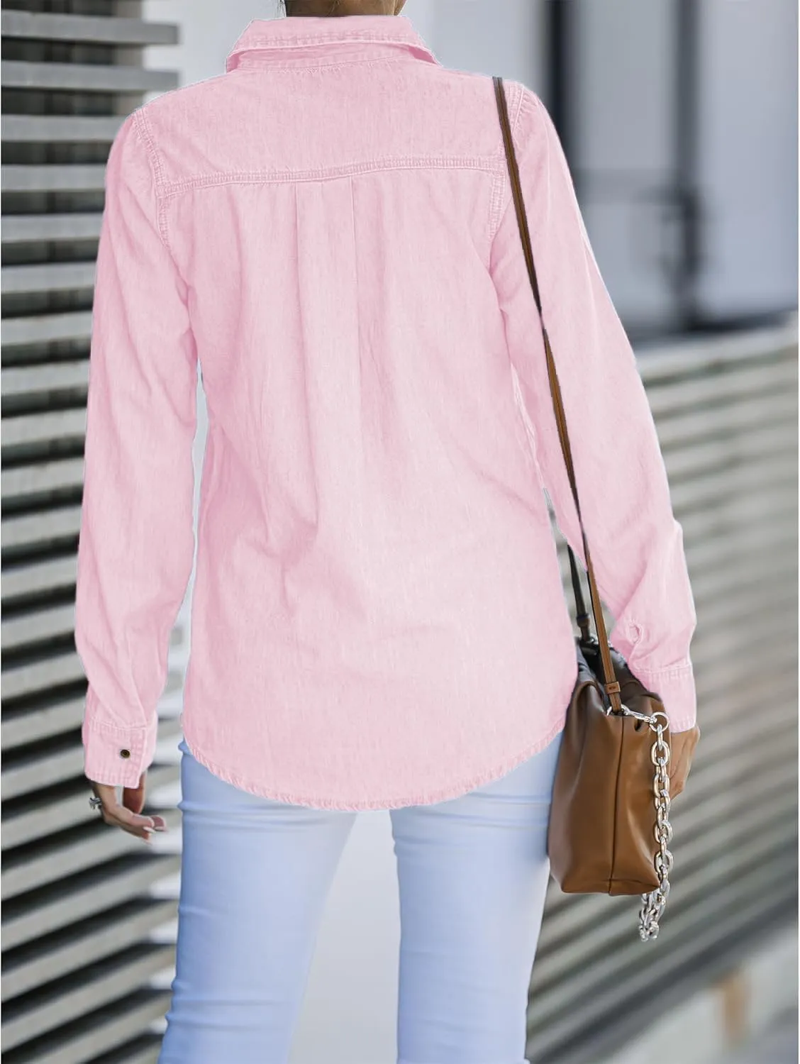 Denim Shirt Women Chambray Jean Western Shirts Long Sleeve Button Down Tops