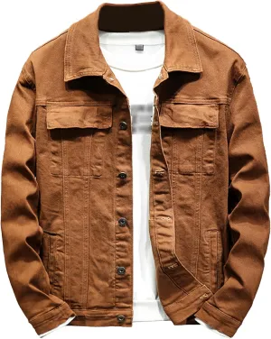 DGKaxiyaHM Men's Classic Lapel Casual Denim Jacket Solid Colour Slim Fit Jean Coat Long Sleeve Trucker Outerwear (Large,Burnt Yellow)