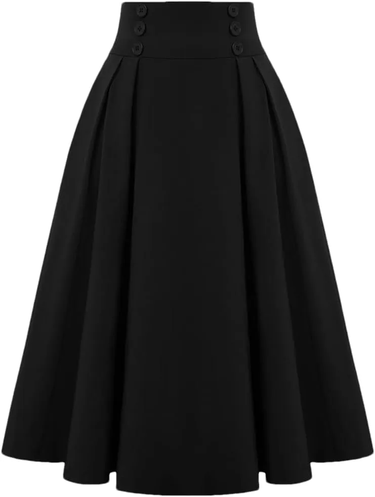 Disimlarl Elastic Waist A Line Elegant Flared Midi Skirts Solid Color Black Red Women Pleated Skirt