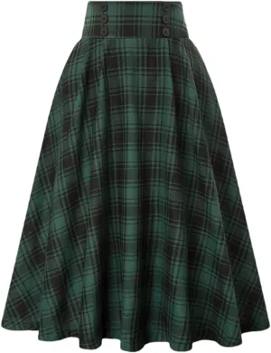 Disimlarl Women Elastic Vintage Pleated Red Plaid Skirt High Waist Buttons Decorated Midi Skirts