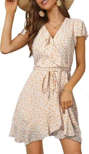 Dokotoo Womens Summer Dresses 2025 Deep V Neck Ruffle Floral Flowy Mini Dress Sundresses Vacation Beach Outfits for Women