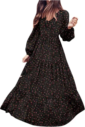 Dresses for Women Fall 2024, Floral Printed Big Hem Elastic Waist Flowy Dress Long Sleeve Comfy Outdoor Maxi Dresses