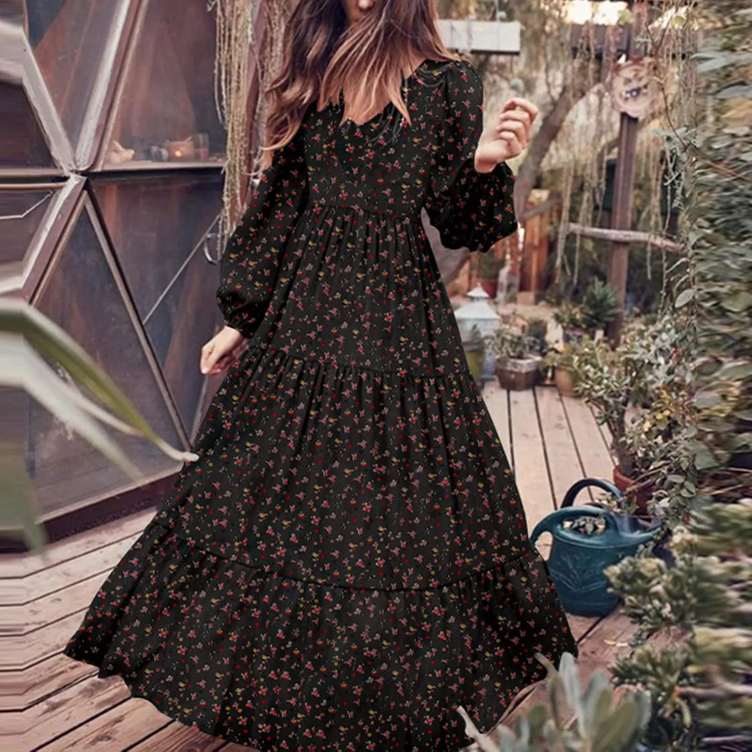 Dresses for Women Fall 2024, Floral Printed Big Hem Elastic Waist Flowy Dress Long Sleeve Comfy Outdoor Maxi Dresses
