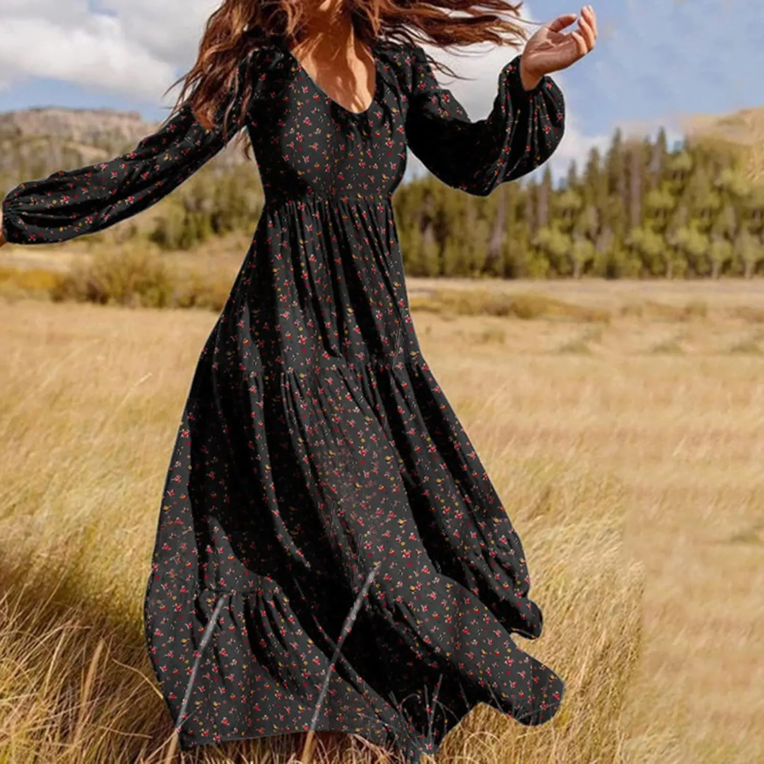 Dresses for Women Fall 2024, Floral Printed Big Hem Elastic Waist Flowy Dress Long Sleeve Comfy Outdoor Maxi Dresses