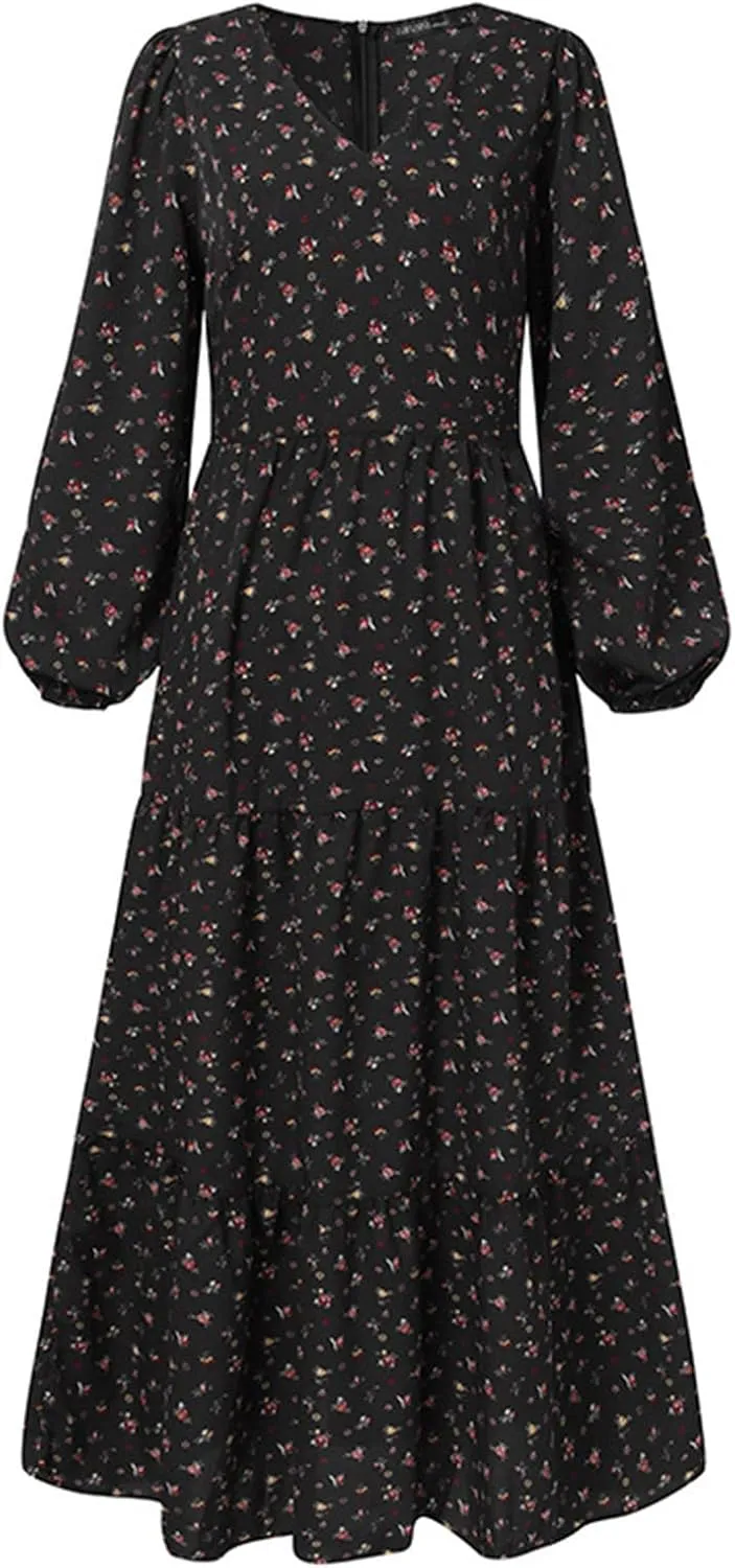 Dresses for Women Fall 2024, Floral Printed Big Hem Elastic Waist Flowy Dress Long Sleeve Comfy Outdoor Maxi Dresses