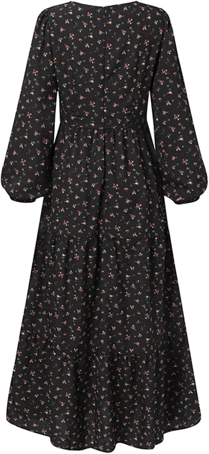 Dresses for Women Fall 2024, Floral Printed Big Hem Elastic Waist Flowy Dress Long Sleeve Comfy Outdoor Maxi Dresses