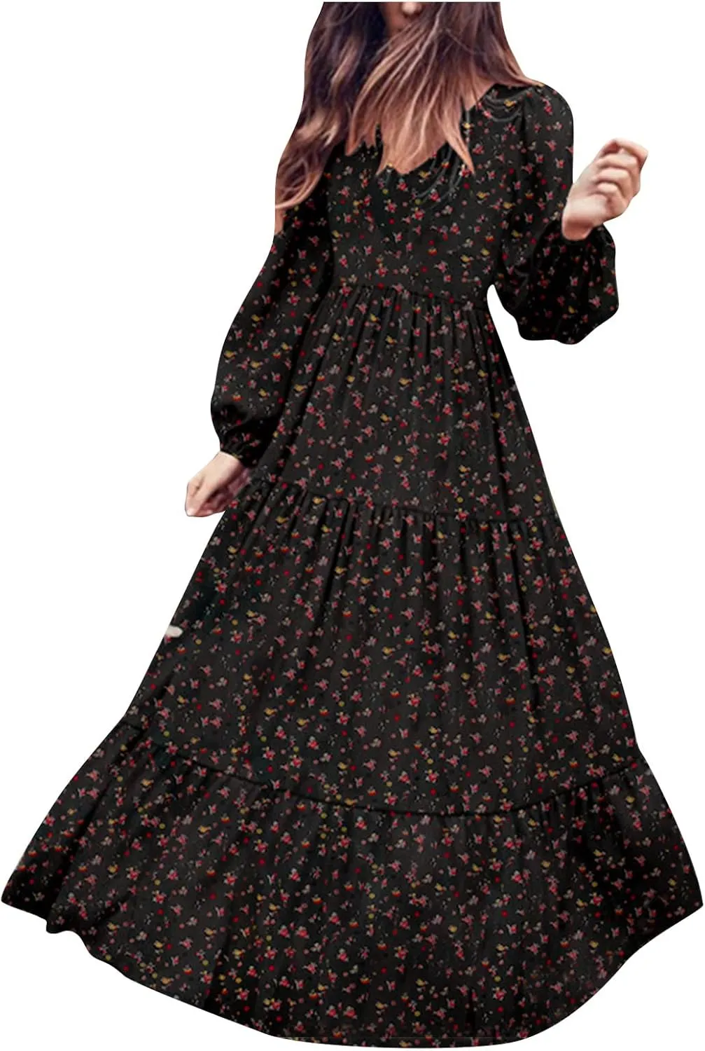 Dresses for Women Fall 2024, Floral Printed Big Hem Elastic Waist Flowy Dress Long Sleeve Comfy Outdoor Maxi Dresses