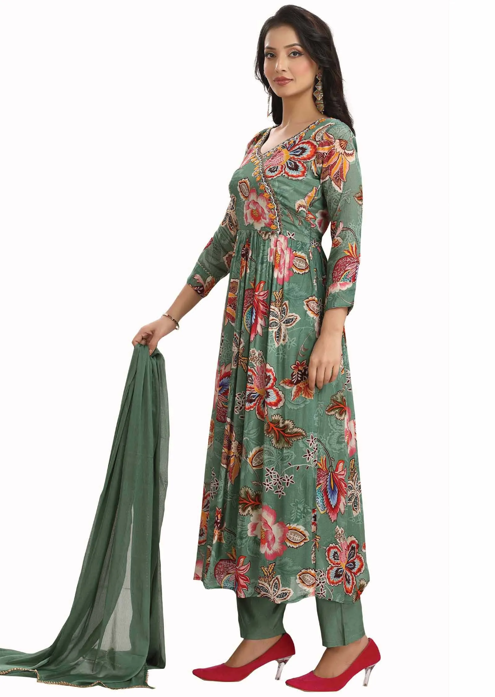 Dusty green Chinnon Embroidered Alia cut Anarkali