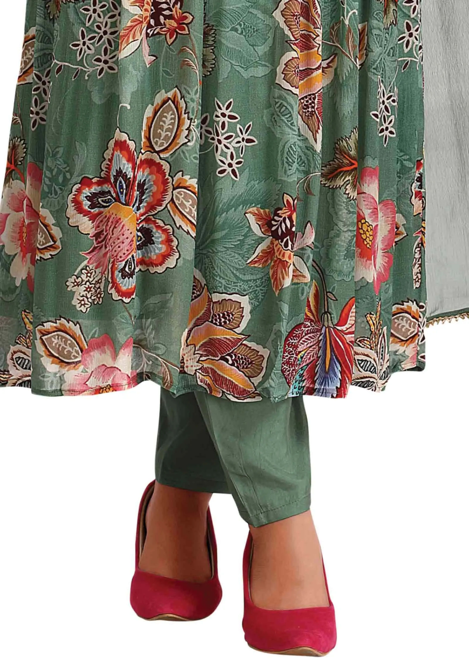 Dusty green Chinnon Embroidered Alia cut Anarkali