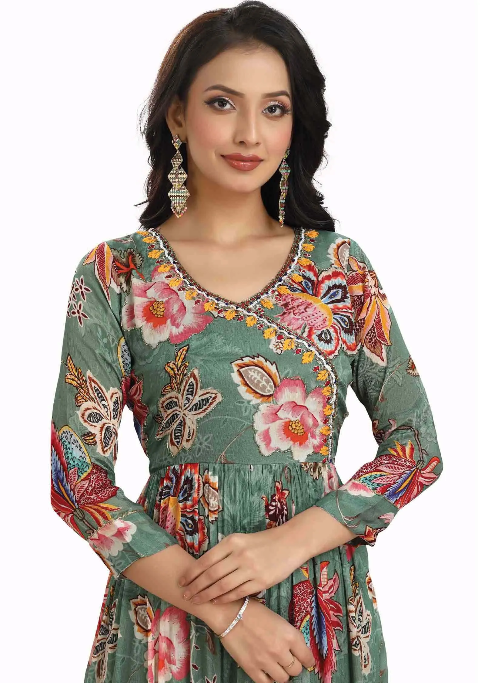 Dusty green Chinnon Embroidered Alia cut Anarkali