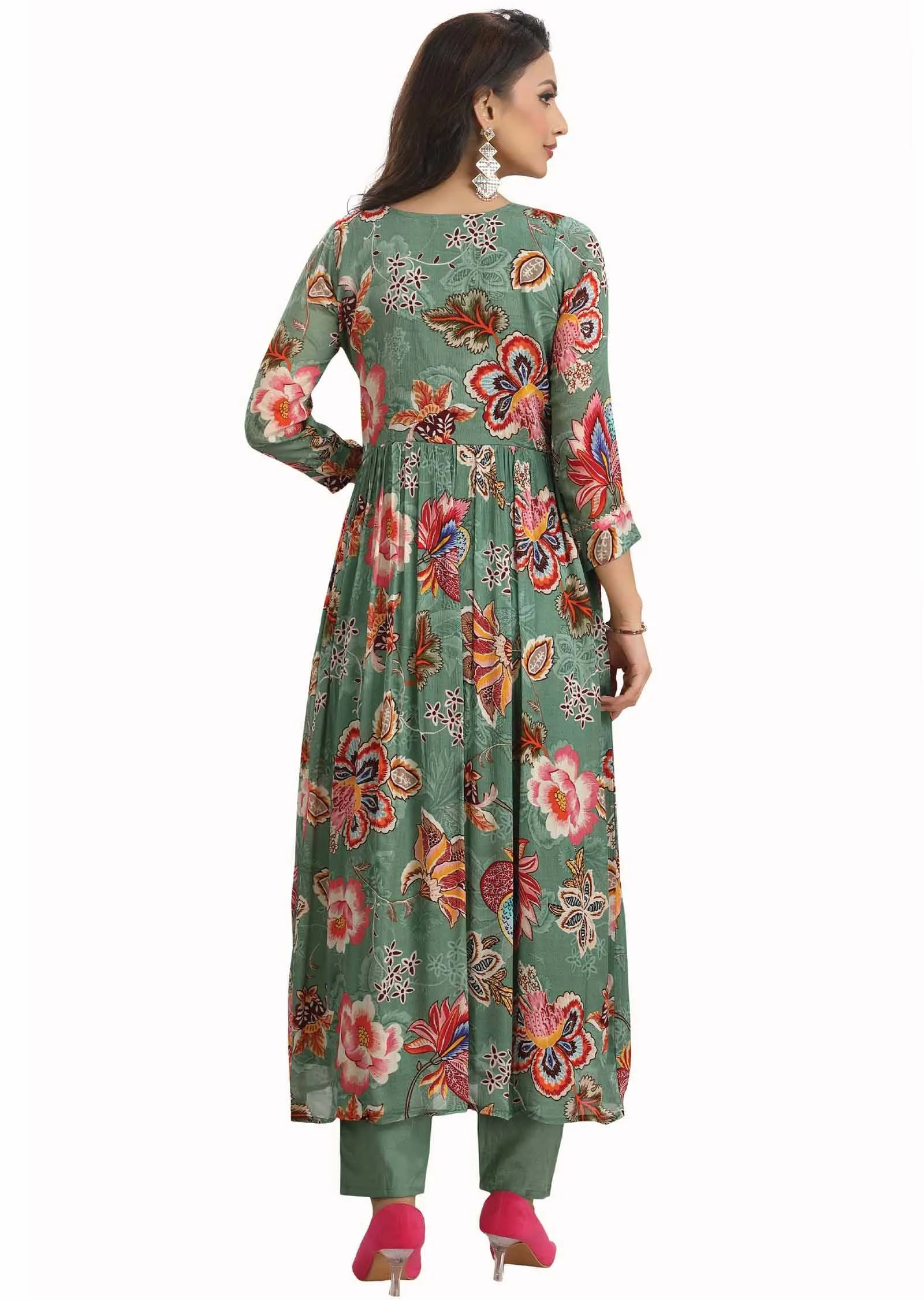 Dusty green Chinnon Embroidered Alia cut Anarkali