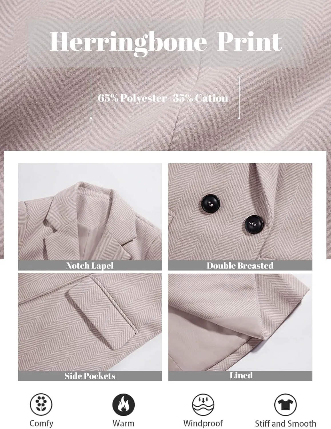 Ebifin Women's Notch Lapel Double Breasted Trench Coat Peacoat Winter Casual Long Blazer Jacket Overcoat