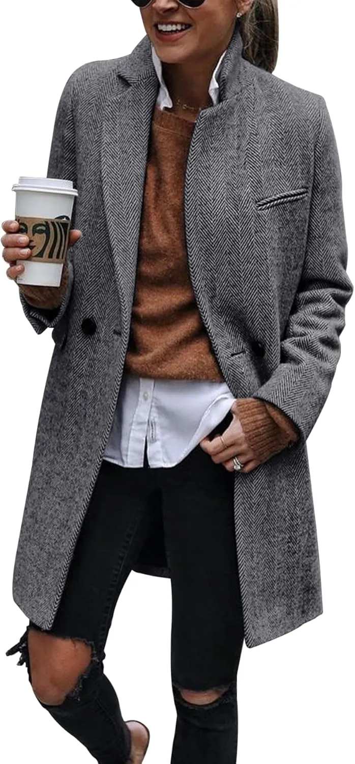 Ebifin Women's Notch Lapel Double Breasted Trench Coat Peacoat Winter Casual Long Blazer Jacket Overcoat