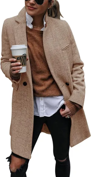 Ebifin Women's Notch Lapel Double Breasted Trench Coat Peacoat Winter Casual Long Blazer Jacket Overcoat