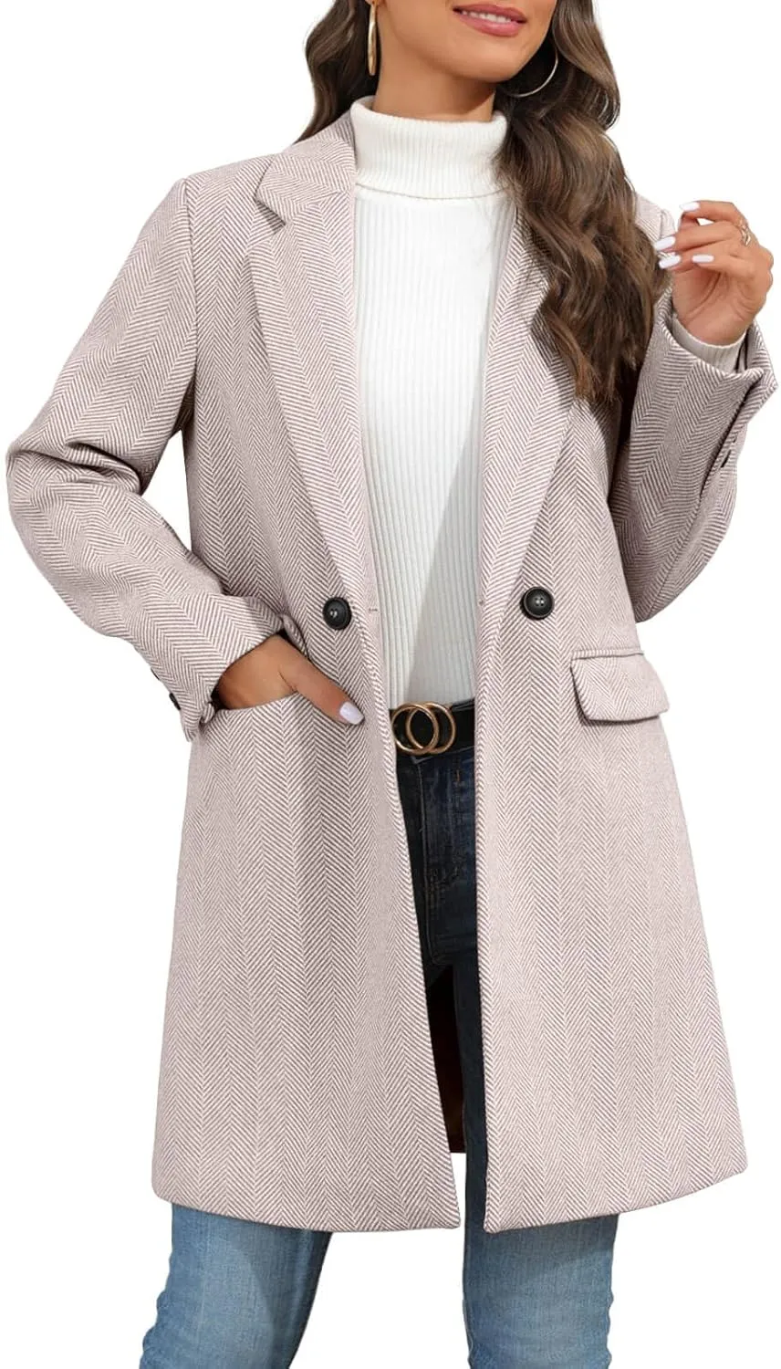 Ebifin Women's Notch Lapel Double Breasted Trench Coat Peacoat Winter Casual Long Blazer Jacket Overcoat