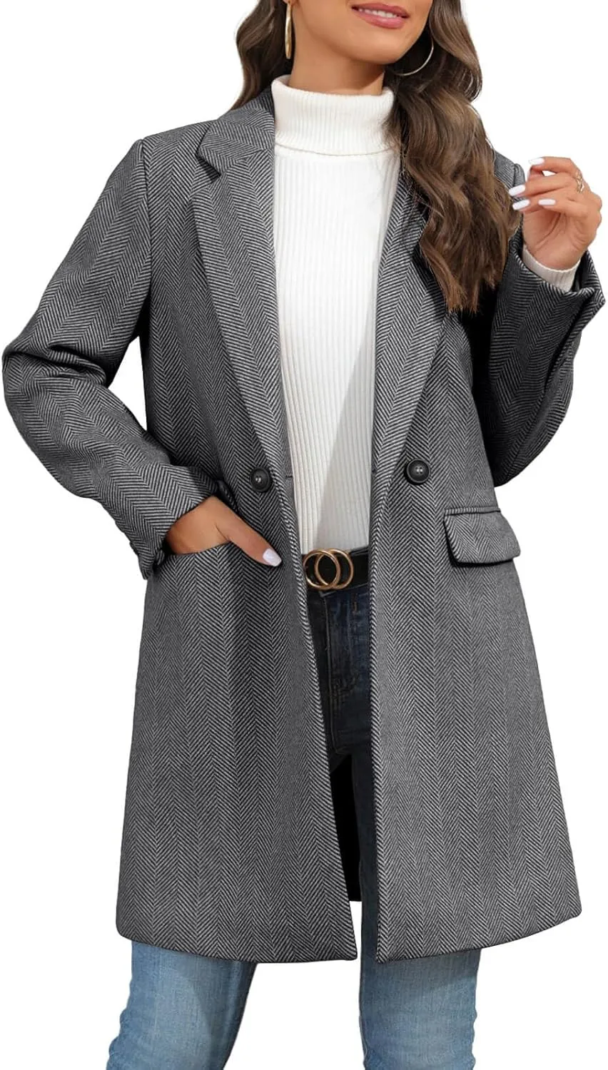 Ebifin Women's Notch Lapel Double Breasted Trench Coat Peacoat Winter Casual Long Blazer Jacket Overcoat