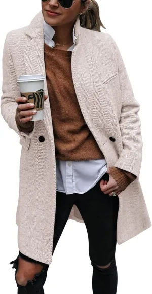 Ebifin Women's Notch Lapel Double Breasted Trench Coat Peacoat Winter Casual Long Blazer Jacket Overcoat