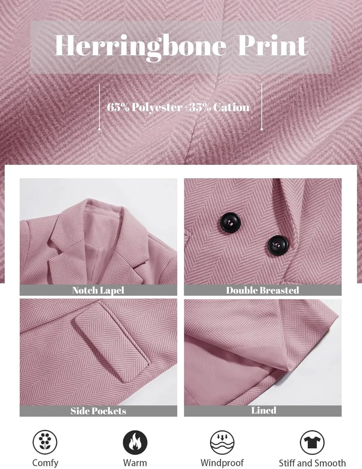 Ebifin Women's Notch Lapel Double Breasted Trench Coat Peacoat Winter Casual Long Blazer Jacket Overcoat