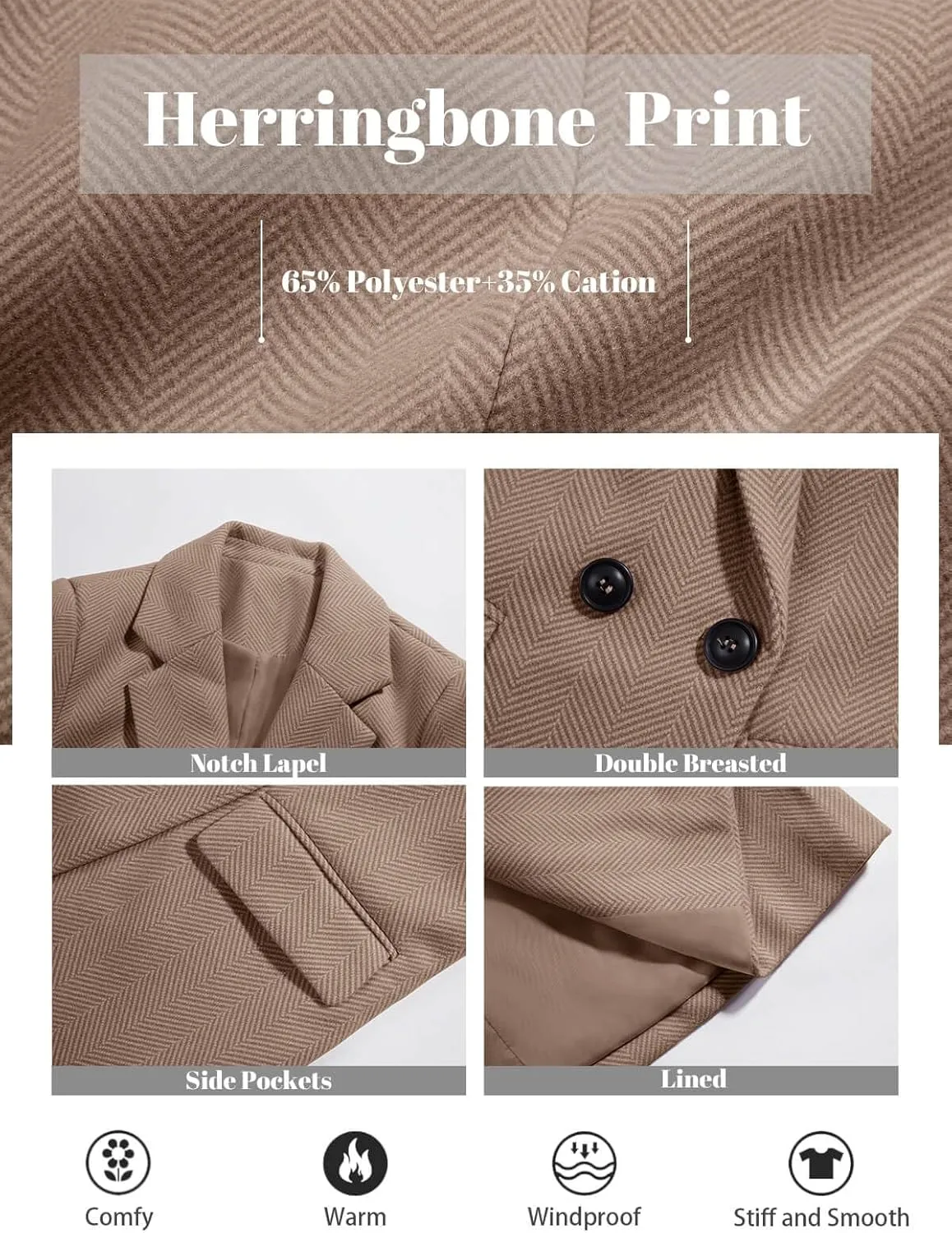 Ebifin Women's Notch Lapel Double Breasted Trench Coat Peacoat Winter Casual Long Blazer Jacket Overcoat
