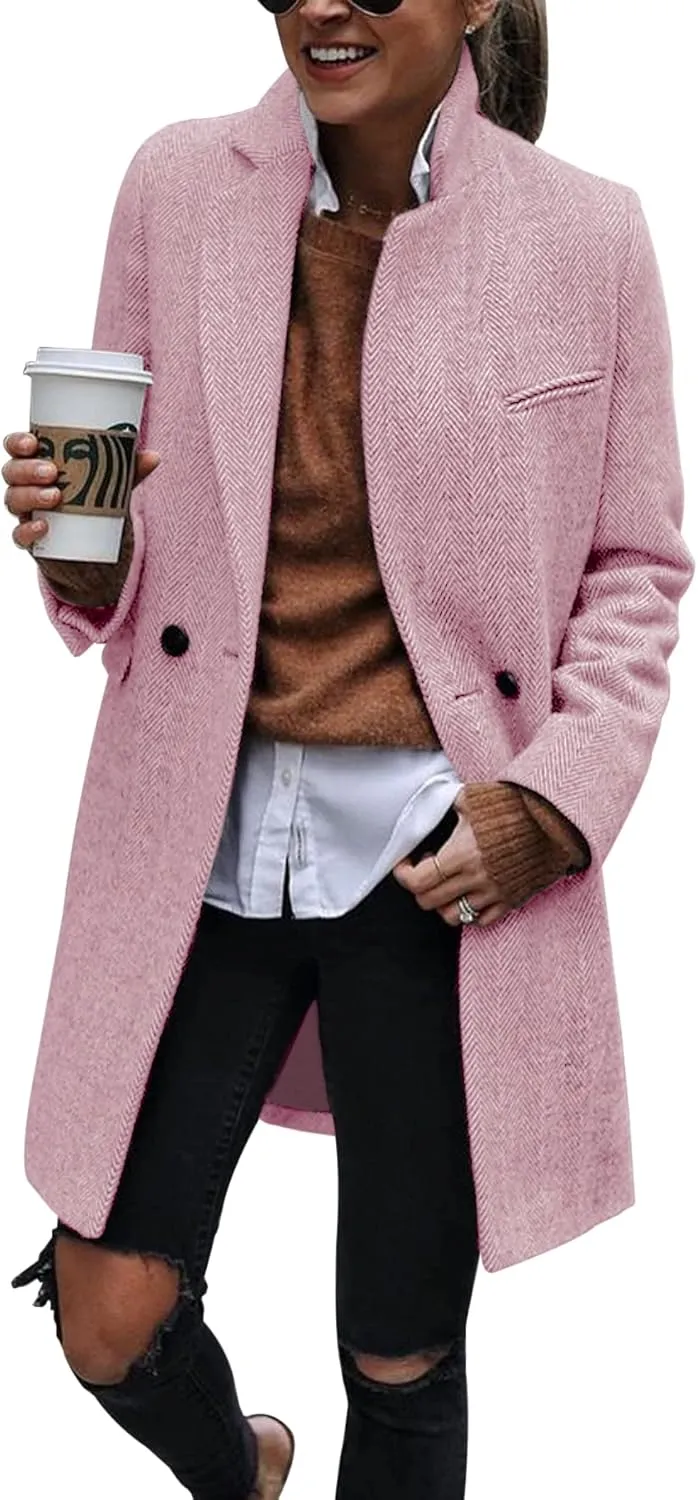 Ebifin Women's Notch Lapel Double Breasted Trench Coat Peacoat Winter Casual Long Blazer Jacket Overcoat
