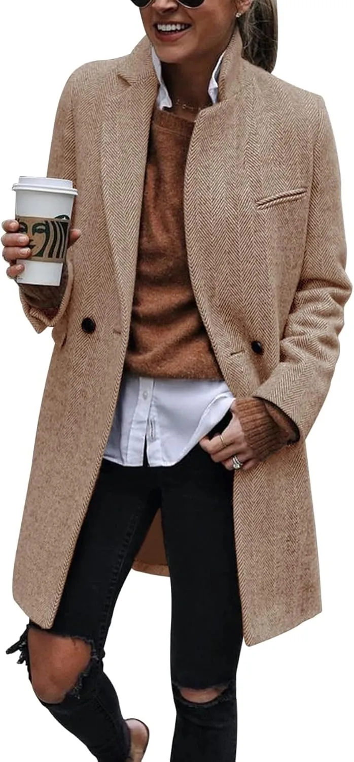 Ebifin Women's Notch Lapel Double Breasted Trench Coat Peacoat Winter Casual Long Blazer Jacket Overcoat