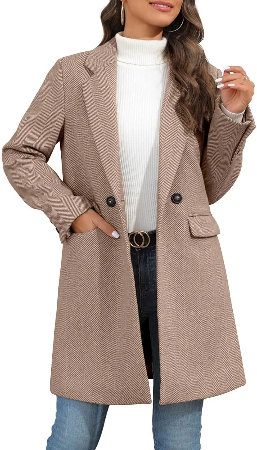 Ebifin Women's Notch Lapel Double Breasted Trench Coat Peacoat Winter Casual Long Blazer Jacket Overcoat