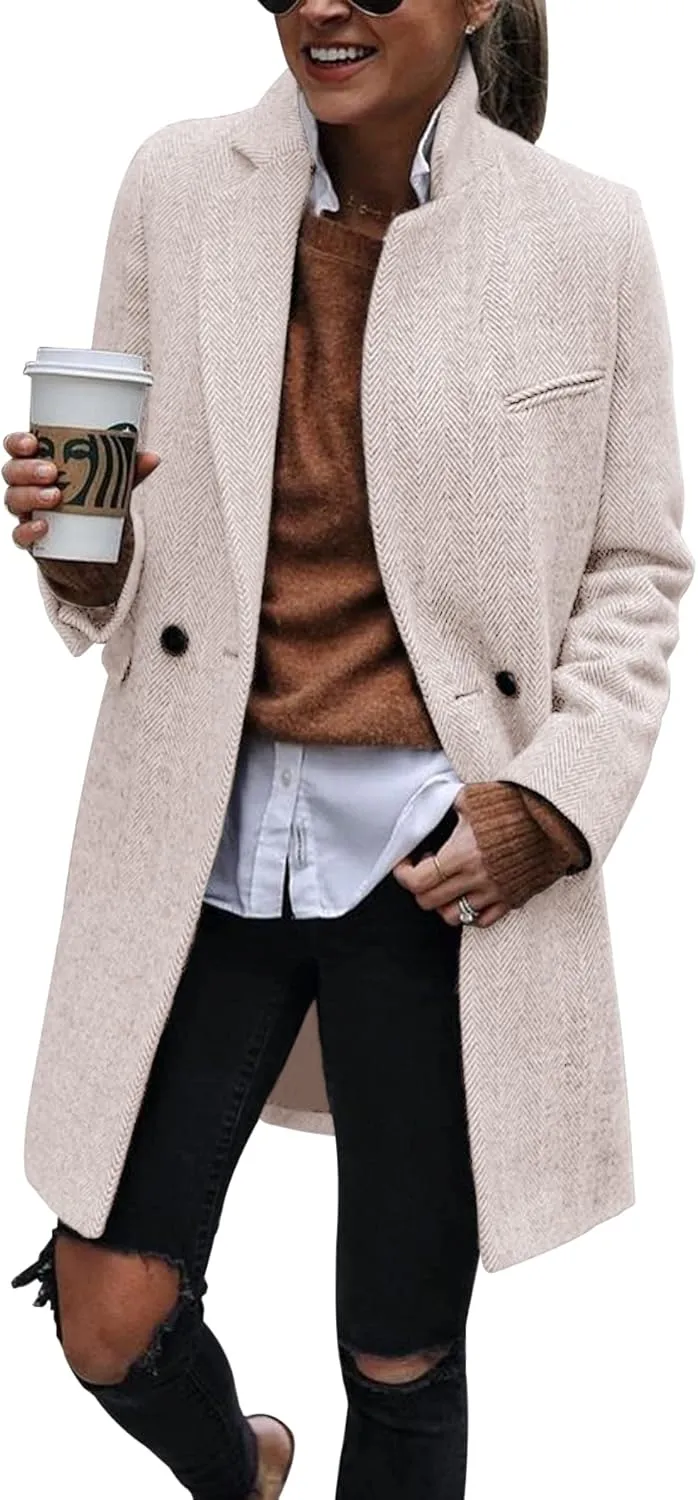 Ebifin Women's Notch Lapel Double Breasted Trench Coat Peacoat Winter Casual Long Blazer Jacket Overcoat