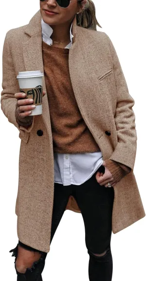 Ebifin Women's Notch Lapel Double Breasted Trench Coat Peacoat Winter Casual Long Blazer Jacket Overcoat