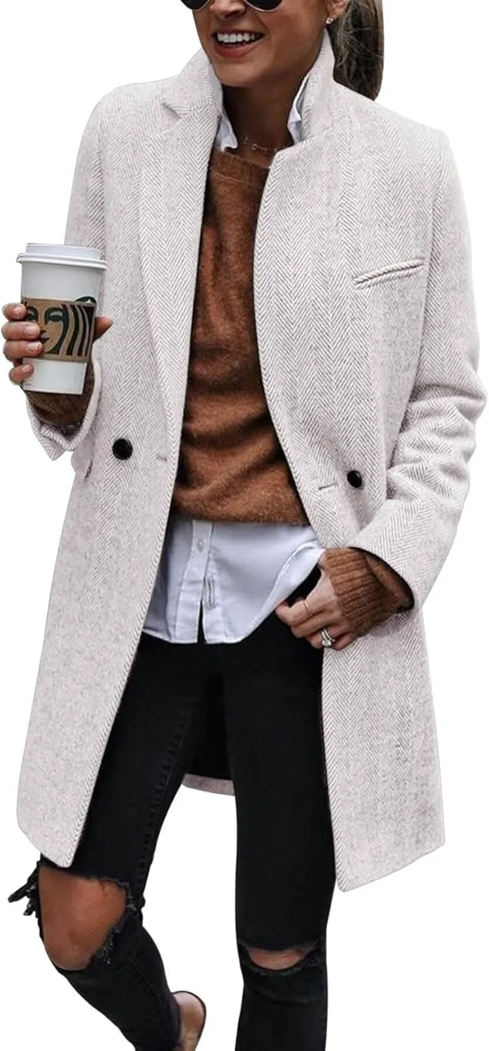 Ebifin Women's Notch Lapel Double Breasted Trench Coat Peacoat Winter Casual Long Blazer Jacket Overcoat