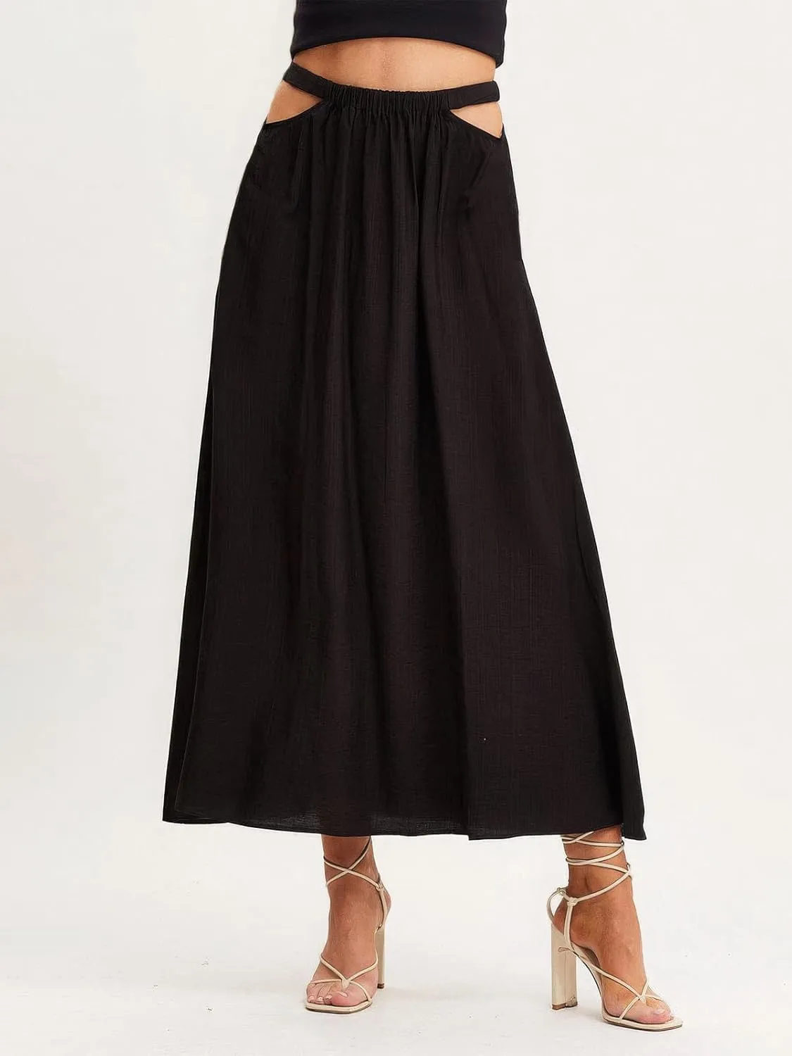 ebossy Women's Cutout Flowy Boho Long Skirt Elastic Waist Solid Color A-Line Swing Beach Holiday Cotton Skirt