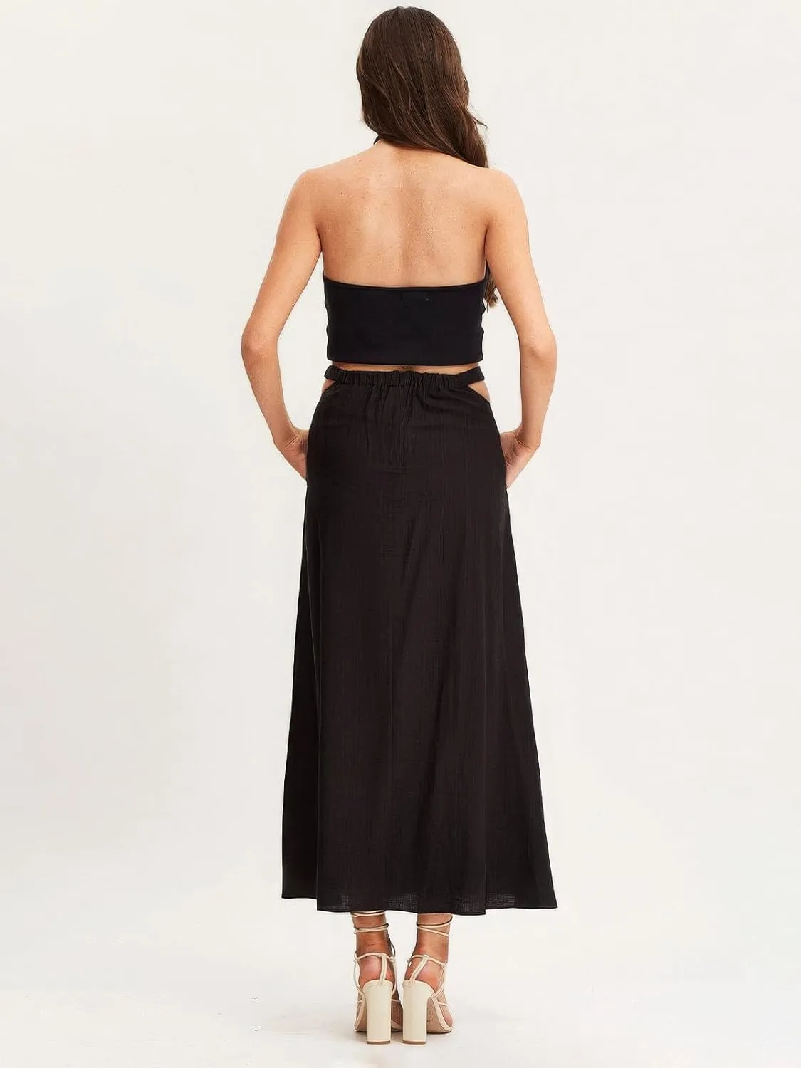 ebossy Women's Cutout Flowy Boho Long Skirt Elastic Waist Solid Color A-Line Swing Beach Holiday Cotton Skirt