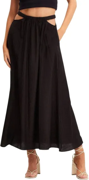 ebossy Women's Cutout Flowy Boho Long Skirt Elastic Waist Solid Color A-Line Swing Beach Holiday Cotton Skirt