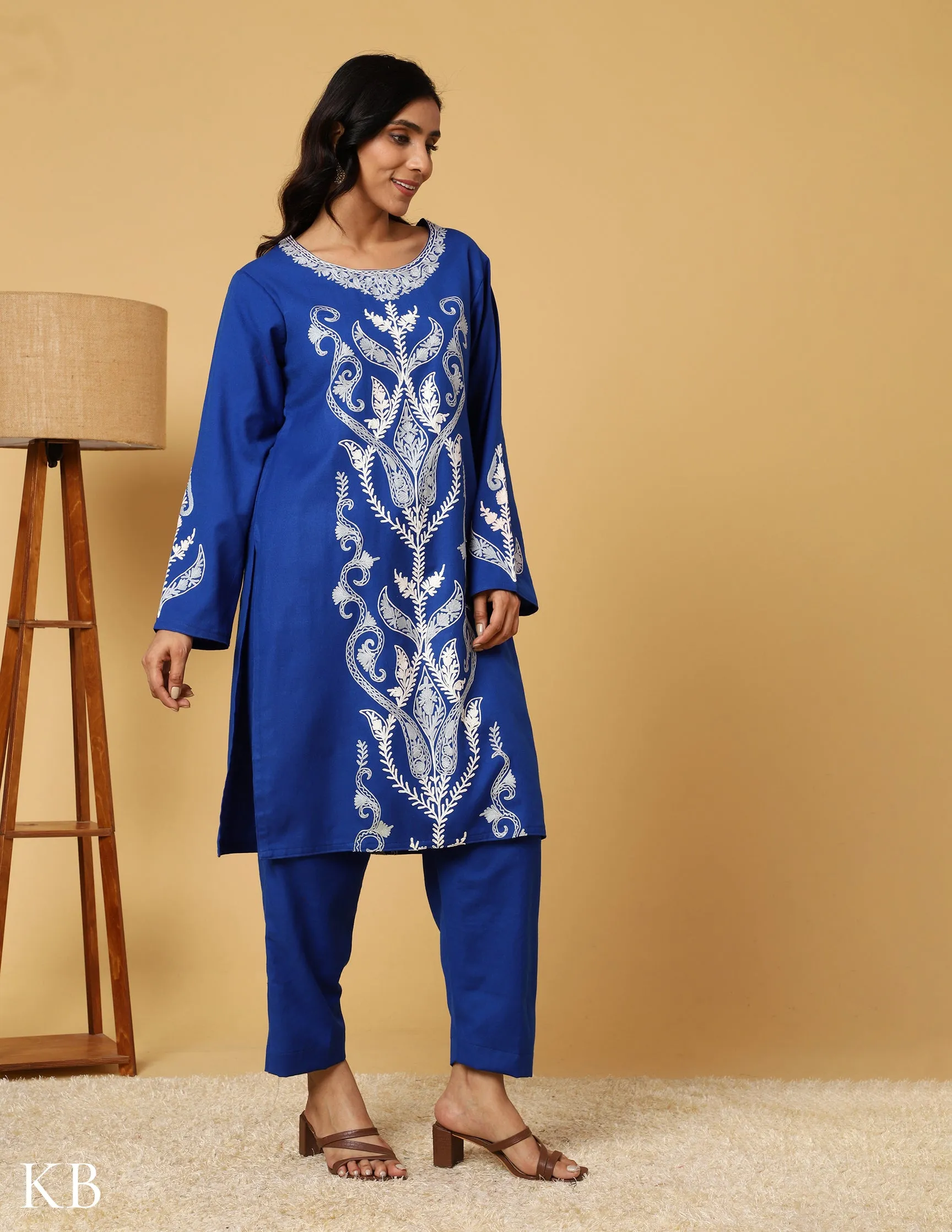 Egyptian Blue Aari Embroidered Woolen Suit