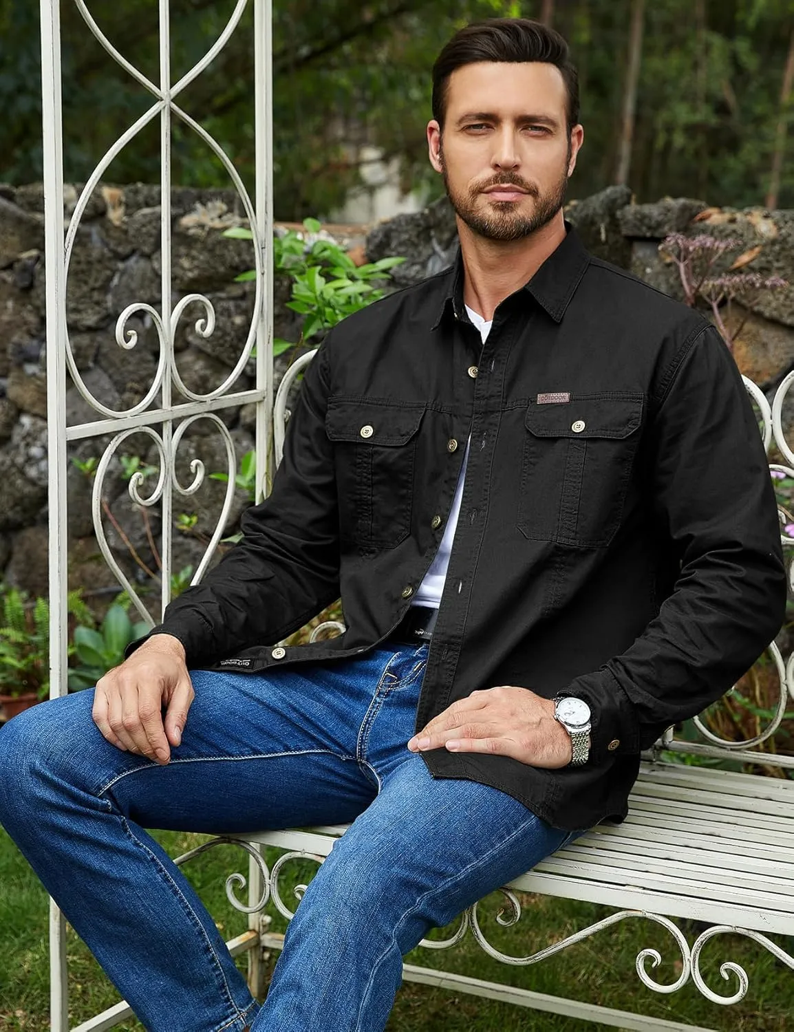 Eisctnd Men's Long Sleeve Cotton Work Shirt Casual Loose Fit Button Down Shirts with 2-Pocket for Outdoor Safari