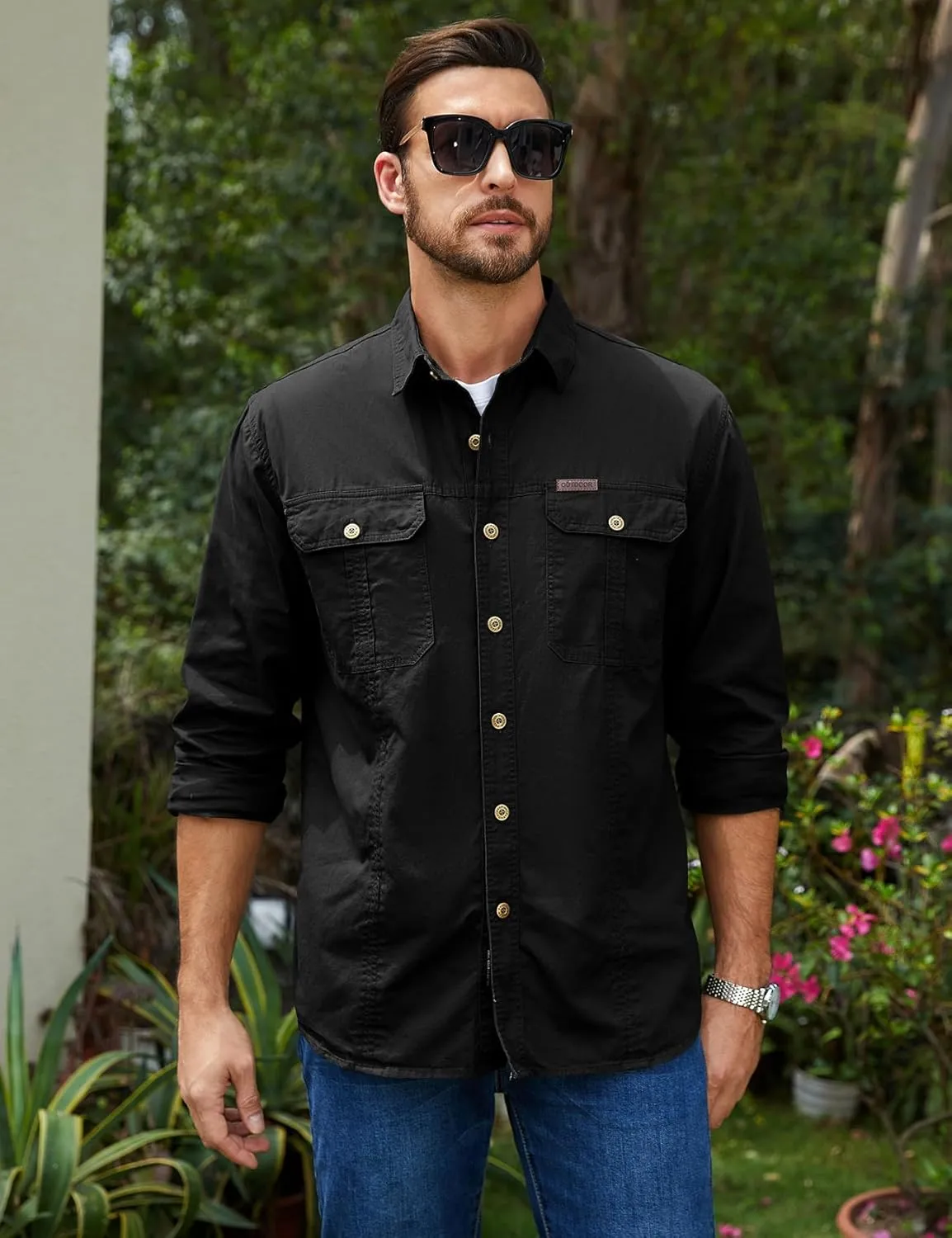 Eisctnd Men's Long Sleeve Cotton Work Shirt Casual Loose Fit Button Down Shirts with 2-Pocket for Outdoor Safari