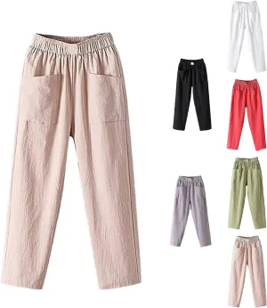 Endurancte Women's Loose Pants, Infinitne Fast Dry High Waist Cotton Trouser Cropped Solid Straight Wide Leg with Pockets