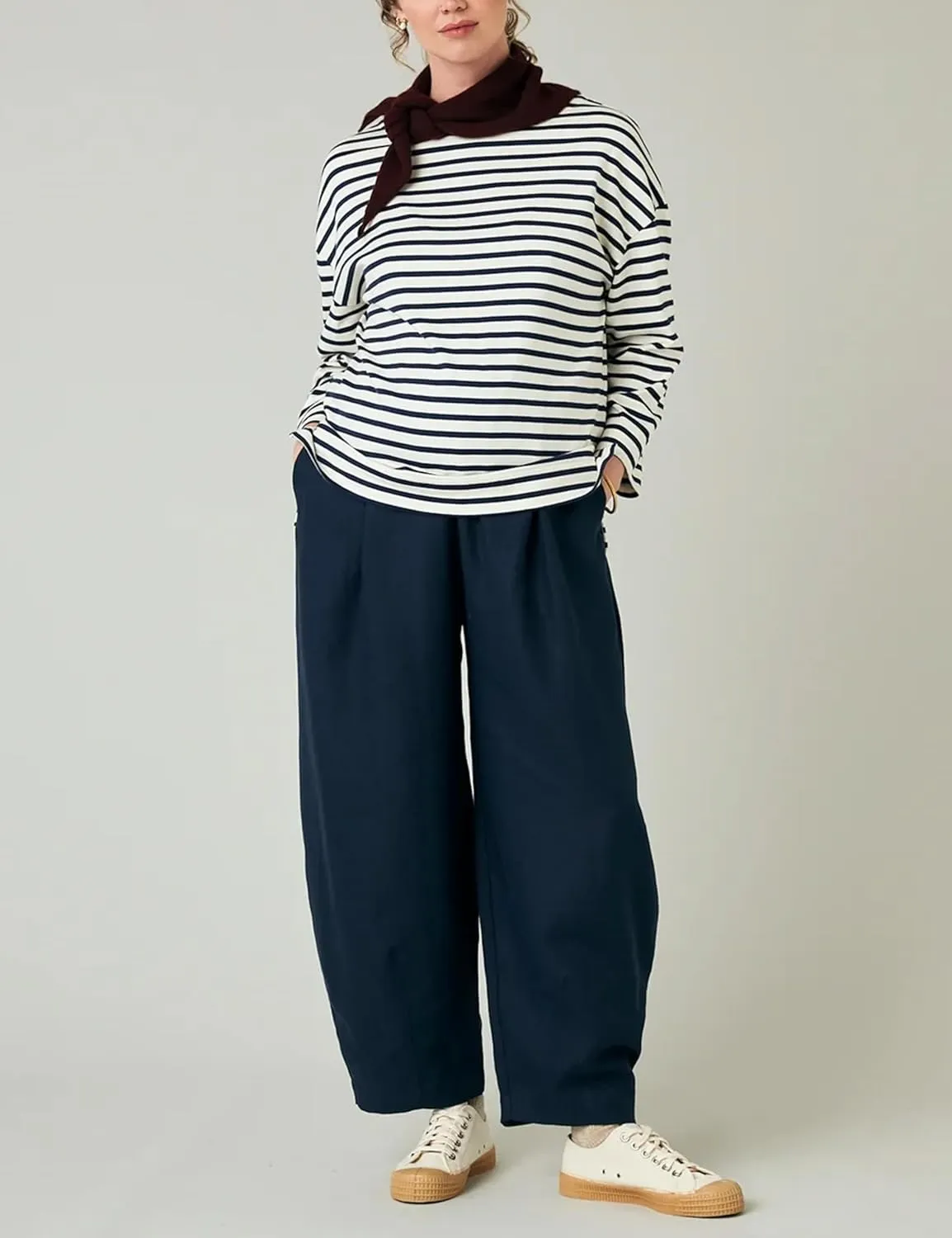 EsheSy Women's Cotton Linen Harem Pants Elastic Waist Wide Leg Pants Loose Lightweight Trousers with Pockets