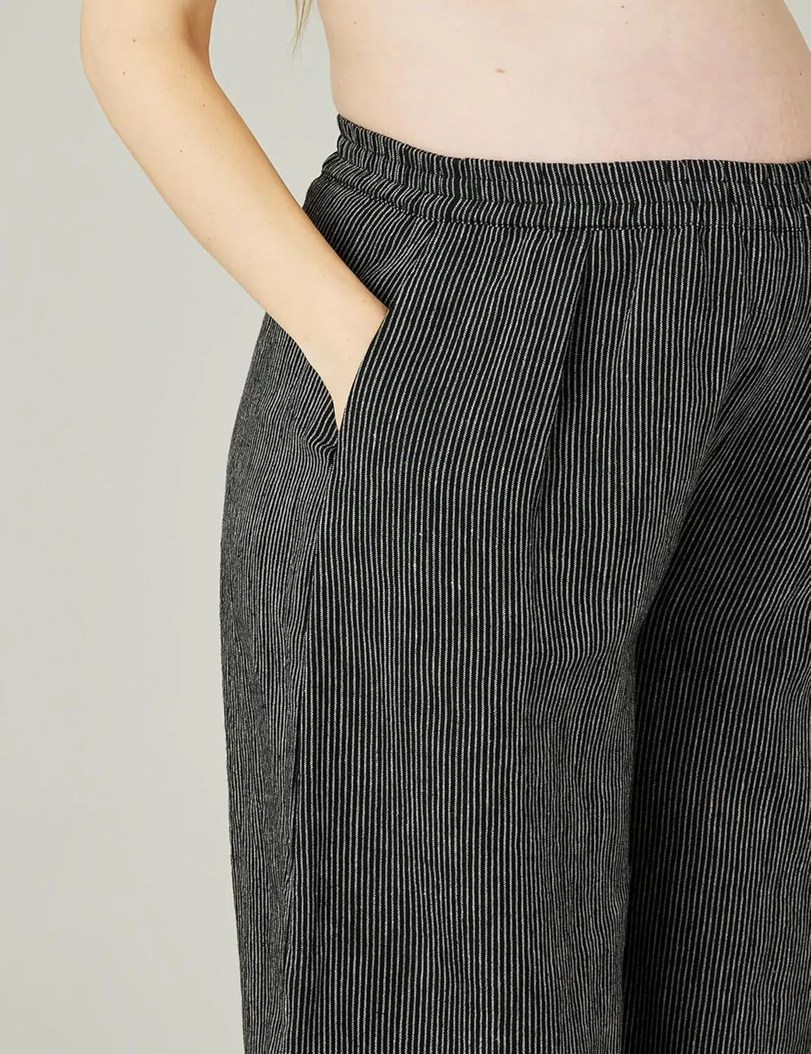 EsheSy Women's Cotton Linen Harem Striped Pants Elastic Waist Wide Leg Pants Loose Lightweight Trousers with Pockets