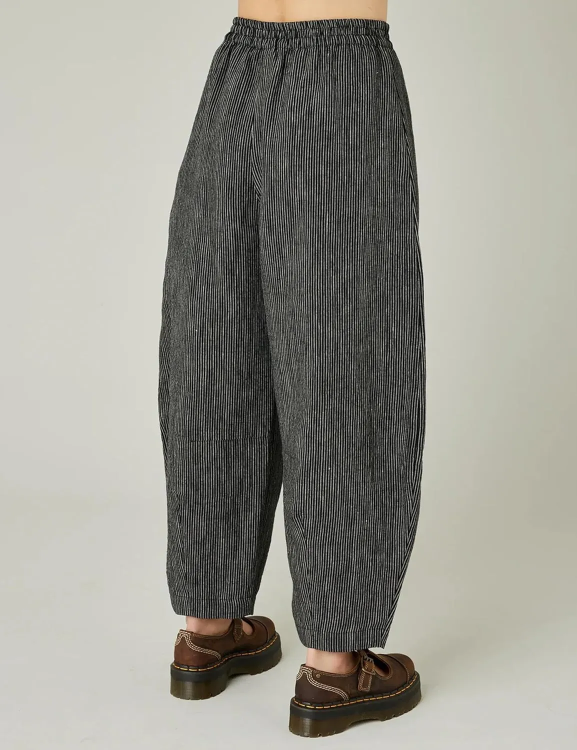 EsheSy Women's Cotton Linen Harem Striped Pants Elastic Waist Wide Leg Pants Loose Lightweight Trousers with Pockets