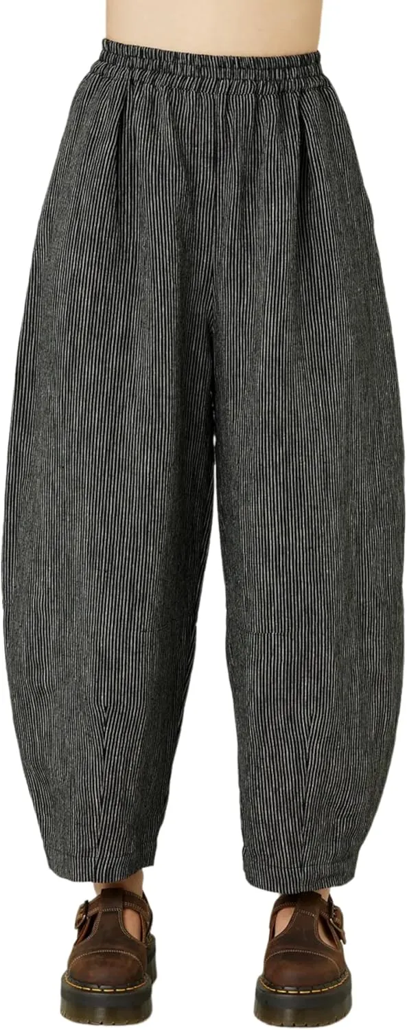 EsheSy Women's Cotton Linen Harem Striped Pants Elastic Waist Wide Leg Pants Loose Lightweight Trousers with Pockets