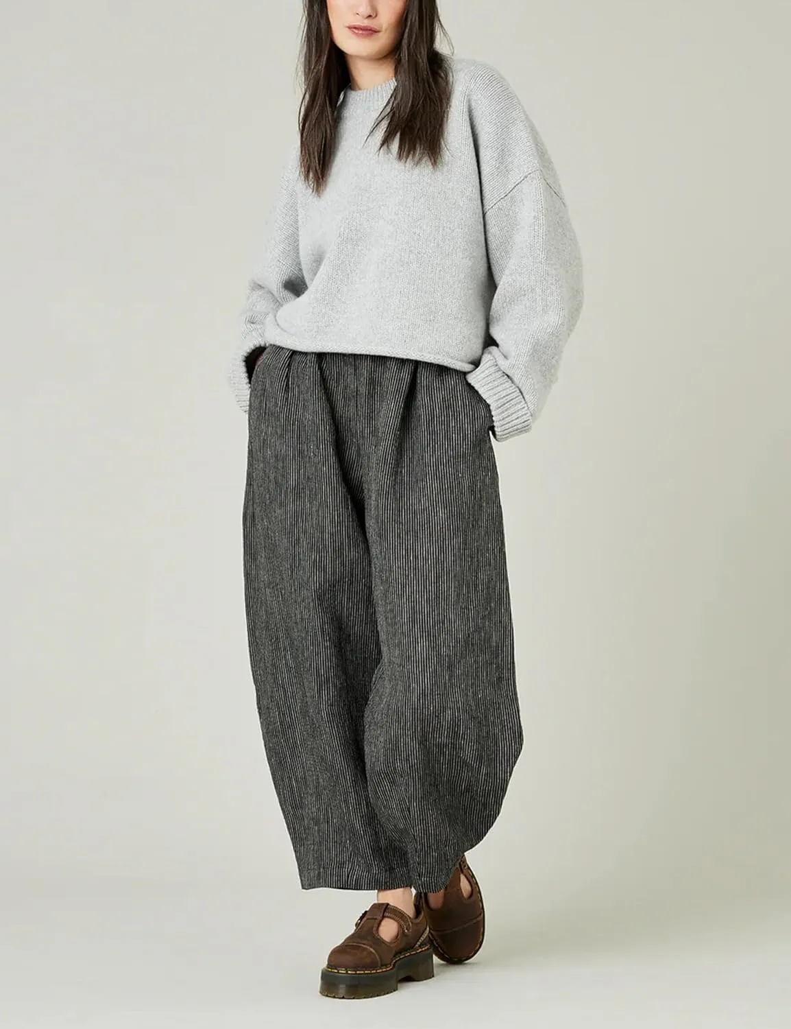 EsheSy Women's Cotton Linen Harem Striped Pants Elastic Waist Wide Leg Pants Loose Lightweight Trousers with Pockets