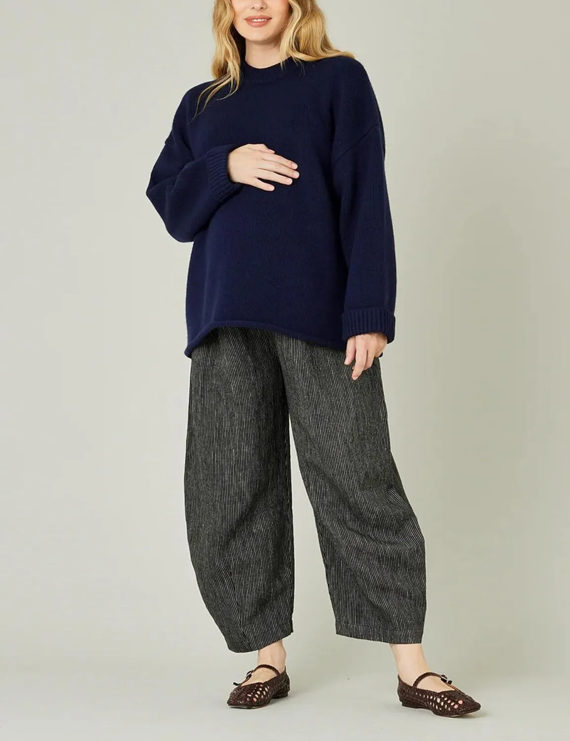 EsheSy Women's Cotton Linen Harem Striped Pants Elastic Waist Wide Leg Pants Loose Lightweight Trousers with Pockets