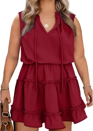 Eytino Womens Plus Size Sleeveless V Neck Drawstring Ruffle Tiered Chiffon Mini Short Dresses,(1X-5X)