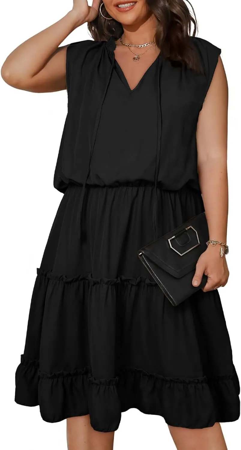 Eytino Womens Plus Size Sleeveless V Neck Drawstring Ruffle Tiered Chiffon Mini Short Dresses,(1X-5X)
