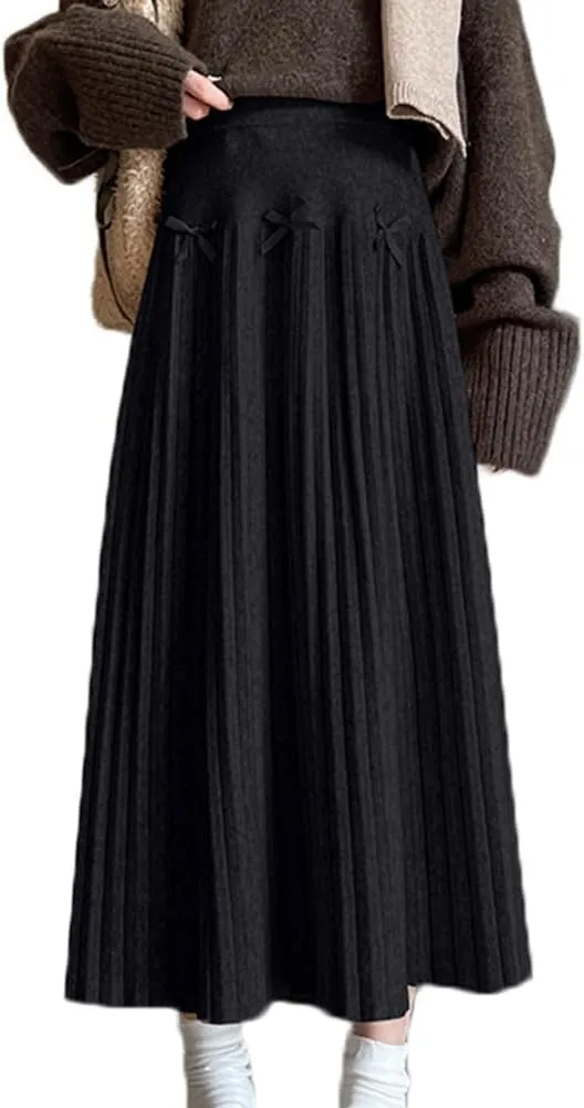 Fall Winter Knitted Pleated Skirt for Women Bow Decor Elastic High Waist Midi A-Line Skirt