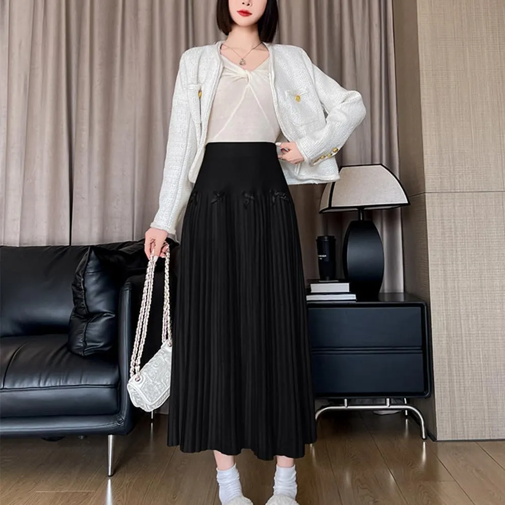 Fall Winter Knitted Pleated Skirt for Women Bow Decor Elastic High Waist Midi A-Line Skirt