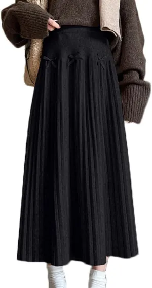 Fall Winter Knitted Pleated Skirt for Women Bow Decor Elastic High Waist Midi A-Line Skirt