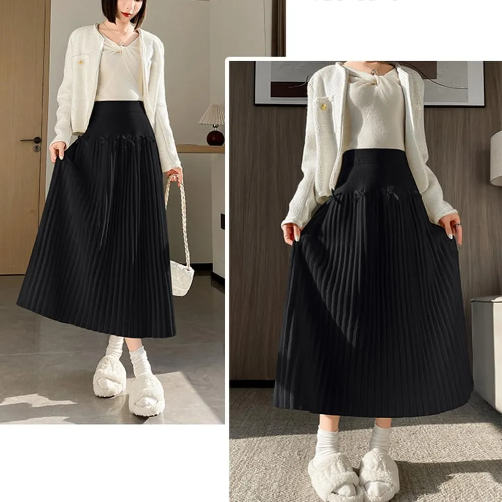 Fall Winter Knitted Pleated Skirt for Women Bow Decor Elastic High Waist Midi A-Line Skirt